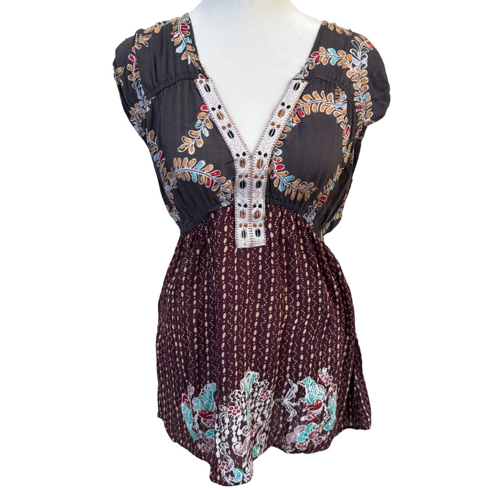 Vintage Free People Boho Tunic Top M Mixed Print Empire Waist Festival Hippie